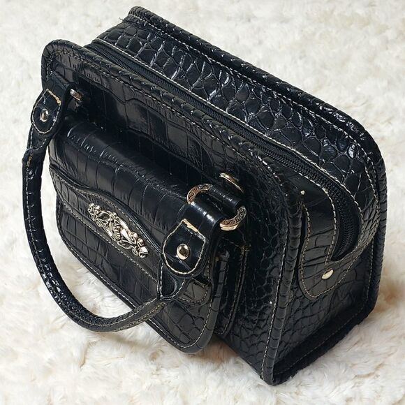 Black Faux Snake Embossed Vegan Leather Handbag - Picture 6 of 14
